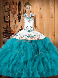 Top Selling Sleeveless Lace Up Floor Length Embroidery and Ruffles Sweet 16 Dresses