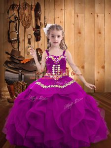 Fuchsia Ball Gowns Straps Sleeveless Organza Floor Length Lace Up Embroidery and Ruffles Kids Pageant Dress