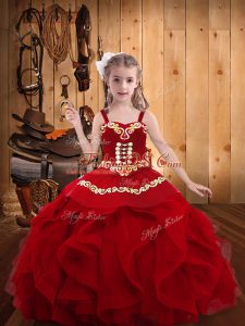 Floor Length Wine Red Little Girls Pageant Dress Straps Sleeveless Lace Up