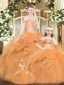 Custom Made Orange Red Tulle Lace Up Off The Shoulder Sleeveless Floor Length Quinceanera Dresses Beading and Ruffles