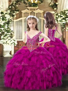 Fuchsia Lace Up Pageant Gowns For Girls Beading and Ruffles Sleeveless Floor Length