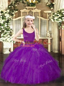 Great Purple Ball Gowns Beading Kids Pageant Dress Zipper Tulle Sleeveless Floor Length