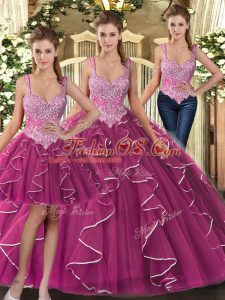 Nice Fuchsia Lace Up Straps Beading and Ruffles Quinceanera Dress Tulle Sleeveless