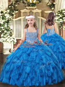 Pretty Baby Blue Ball Gowns Beading and Ruffles Pageant Dress for Teens Lace Up Tulle Sleeveless Floor Length