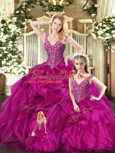 Straps Sleeveless Lace Up Quinceanera Gown Fuchsia Organza