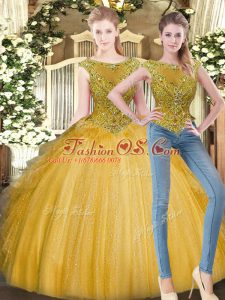 Glorious Gold Sleeveless Tulle Zipper Quinceanera Gown for Military Ball and Sweet 16 and Quinceanera