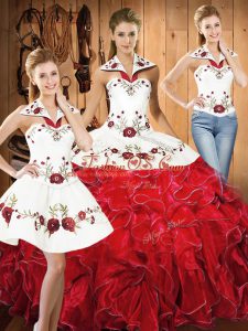 Fabulous White And Red Sleeveless Embroidery and Ruffles Floor Length 15 Quinceanera Dress