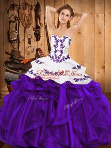 Satin and Organza Strapless Sleeveless Lace Up Embroidery and Ruffles Quinceanera Dress in Purple