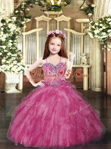 Best Ball Gowns Pageant Dress Toddler Hot Pink Spaghetti Straps Tulle Sleeveless Floor Length Lace Up