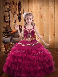 Most Popular Sleeveless Floor Length Embroidery and Ruffled Layers Lace Up Glitz Pageant Dress with Fuchsia