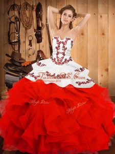 Fantastic Embroidery and Ruffles Sweet 16 Dress White And Red Lace Up Sleeveless Floor Length