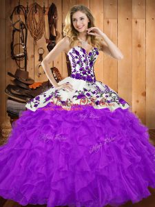 Simple Sleeveless Tulle Floor Length Lace Up Quinceanera Gown in Purple with Embroidery and Ruffles