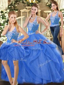 Tulle Straps Sleeveless Lace Up Beading and Ruffles Vestidos de Quinceanera in Blue