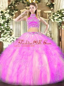 Great Floor Length Lilac Quinceanera Gown High-neck Sleeveless Backless