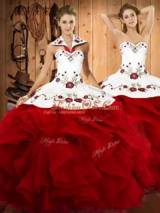 Wine Red Halter Top Lace Up Embroidery and Ruffles Vestidos de Quinceanera Sleeveless