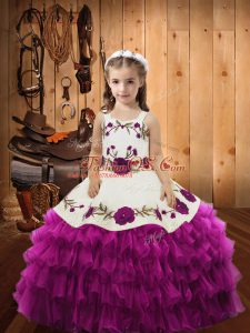 Enchanting Fuchsia Organza Lace Up Little Girl Pageant Gowns Sleeveless Floor Length Embroidery and Ruffled Layers