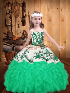 Turquoise Little Girl Pageant Gowns Party and Sweet 16 and Quinceanera and Wedding Party with Embroidery and Ruffles Straps Sleeveless Lace Up