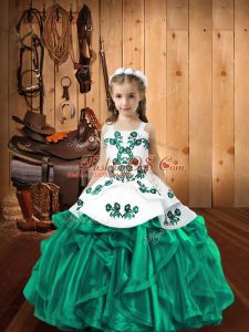 Turquoise Ball Gowns Organza Straps Sleeveless Embroidery and Ruffles Floor Length Lace Up Little Girl Pageant Gowns
