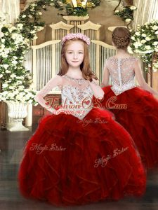 Fancy Wine Red Scoop Neckline Beading and Ruffles Girls Pageant Dresses Sleeveless Zipper
