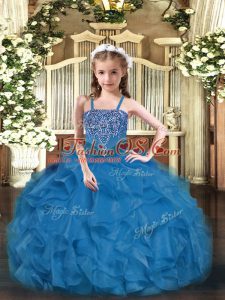 Hot Selling Sleeveless Floor Length Beading and Ruffles Lace Up Little Girls Pageant Dress with Blue
