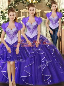 Beading and Ruffles Quinceanera Gown Purple Lace Up Sleeveless Floor Length
