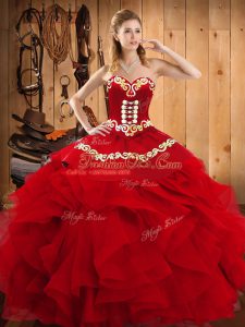 Suitable Embroidery and Ruffles Sweet 16 Quinceanera Dress Wine Red Lace Up Sleeveless Floor Length