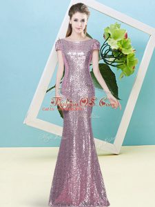 Sequins Dress for Prom Pink Zipper Cap Sleeves Floor Length