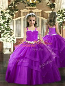 Superior Purple Tulle Lace Up Straps Sleeveless Floor Length Pageant Gowns For Girls Appliques and Ruffled Layers