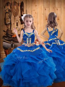 Enchanting Blue Ball Gowns Embroidery and Ruffles Little Girls Pageant Gowns Lace Up Organza Sleeveless Floor Length