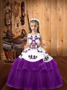Pretty Eggplant Purple Sleeveless Floor Length Beading and Embroidery Lace Up Kids Pageant Dress