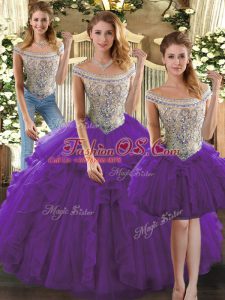 Purple Three Pieces Beading and Ruffles Quinceanera Gown Lace Up Organza Sleeveless Floor Length