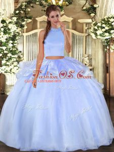 Light Blue Two Pieces Beading Ball Gown Prom Dress Backless Organza Sleeveless Floor Length