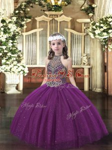 Admirable Beading Little Girls Pageant Dress Dark Purple Lace Up Sleeveless Floor Length