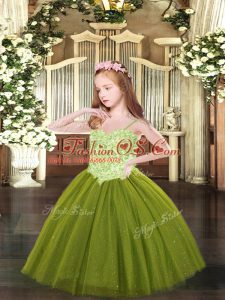 Superior Olive Green Tulle Lace Up Little Girls Pageant Gowns Sleeveless Floor Length Appliques