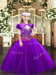 Perfect Purple Pageant Gowns For Girls Party and Quinceanera with Beading Straps Sleeveless Lace Up