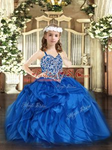Blue Sleeveless Organza Lace Up Little Girl Pageant Gowns for Party and Quinceanera