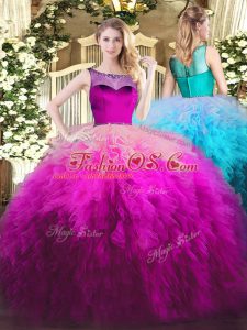 Custom Designed Scoop Sleeveless Tulle Ball Gown Prom Dress Beading and Ruffles Zipper