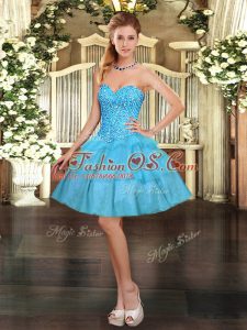 Aqua Blue Sleeveless Mini Length Beading and Ruffled Layers Lace Up Homecoming Dress