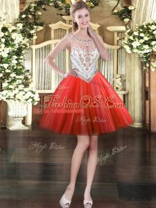 Colorful Sleeveless Tulle Mini Length Zipper Homecoming Dress in Red with Beading