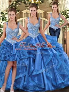 High Class Floor Length Blue Quinceanera Gowns Straps Sleeveless Lace Up