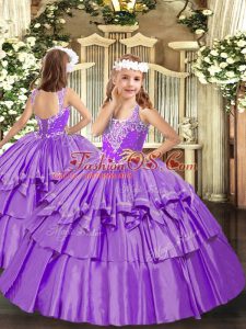 Organza V-neck Sleeveless Lace Up Beading and Ruffled Layers Little Girl Pageant Dress in Lavender