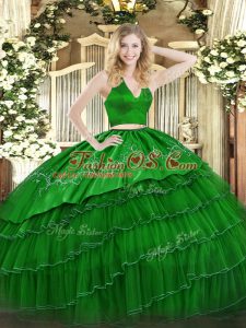 Simple Green Two Pieces Tulle Halter Top Sleeveless Embroidery Floor Length Zipper Sweet 16 Dress