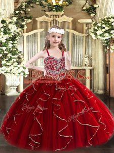 Wine Red Lace Up Straps Beading and Ruffles High School Pageant Dress Organza Sleeveless