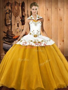 Floor Length Gold 15th Birthday Dress Halter Top Sleeveless Lace Up