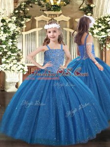 Blue Sleeveless Floor Length Beading Lace Up Little Girl Pageant Gowns