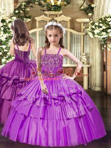 Lilac Ball Gowns Straps Sleeveless Organza Floor Length Lace Up Beading and Ruffled Layers Pageant Gowns For Girls