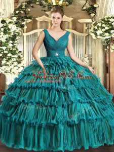Clearance Teal Sleeveless Beading and Ruffled Layers Floor Length Sweet 16 Dresses
