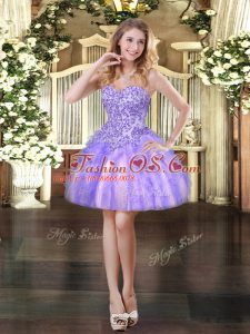 Lavender Tulle Lace Up Sweetheart Sleeveless Mini Length Prom Dresses Appliques and Ruffles
