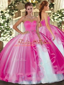 Smart Sweetheart Sleeveless Quinceanera Gowns Floor Length Beading Hot Pink Tulle