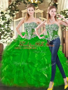 Sleeveless Floor Length Beading and Ruffles Lace Up Ball Gown Prom Dress with Green